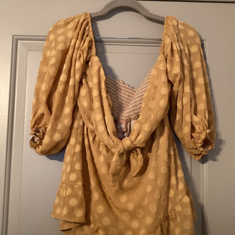 Show Me Your Mumu: Nita Off-the-Shoulder Tie-Front Top - Gold Dot| Sz L - Picture 6 of 11